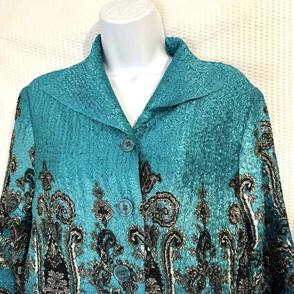 Vintage 1980s Joni B Turquoise Crinkle Silky Big Button Disco Collar Blouse Sz L - Picture 2 of 5